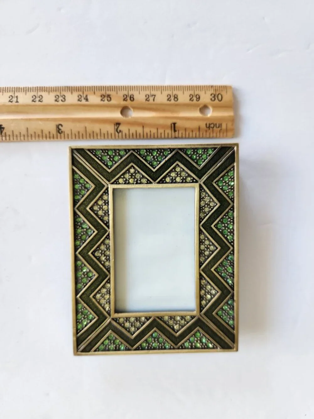 Set of 2 Mini Rhinestone Rectangle Metal Photo Frames Green Gold Chevron Design
